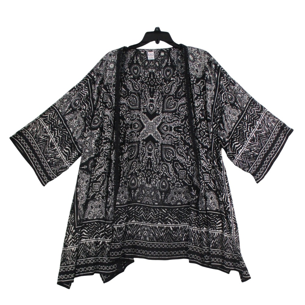 Bila Paisley Boho Kimono Cardigan Black White Open Front Lace Trim XL XXL SX6977